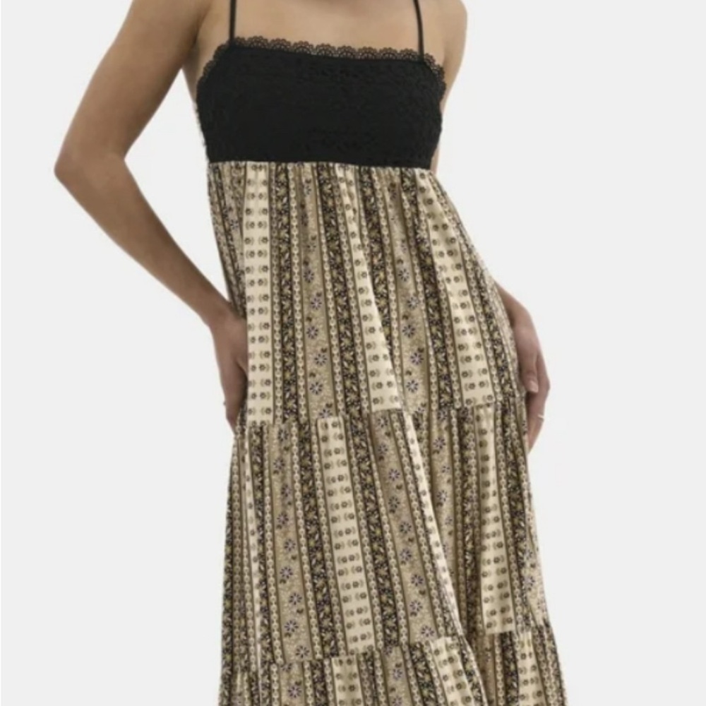Crochet Maxi Black and Tan Dress Muti tiered Size Large